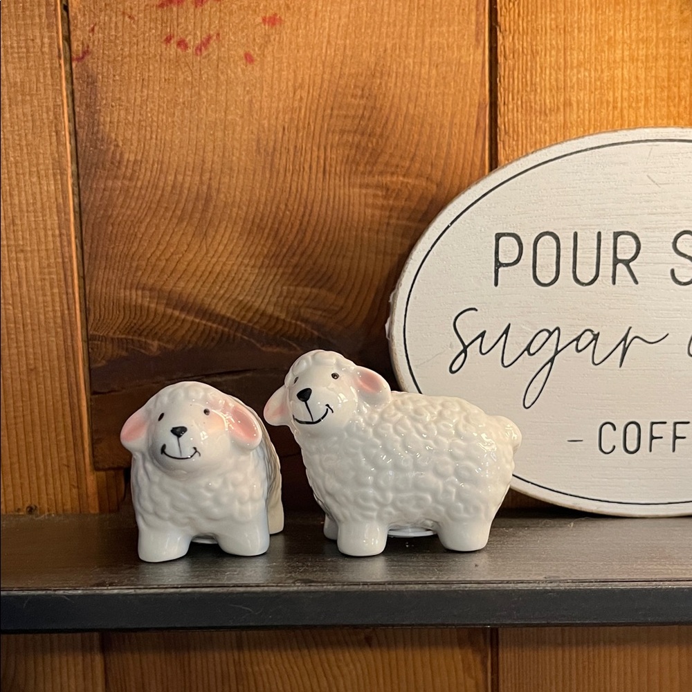 Ceramic Sheep Salt and Pepper Shakers - White with Pink Accents